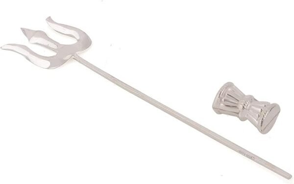 Pure Silver Trishul Trident and Damroo Set for Puja, Temple at Home