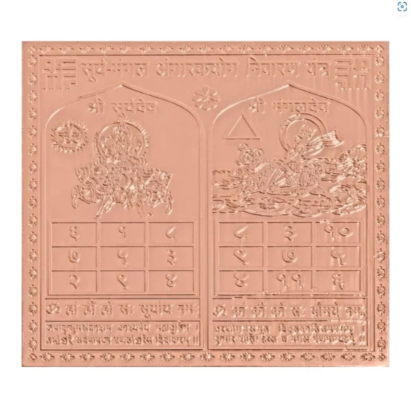 Surya Mangal Angarak Yog Nivaran Yantra In Pure Copper Energized Copper | Gold Plated (3 X 3 Inch)